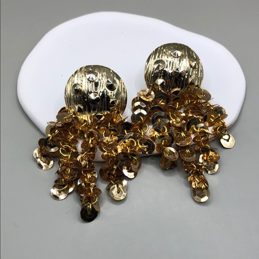 Spiked Sequin Runway Style Statement Vintage Costume Clip On Earrings Gold Tone